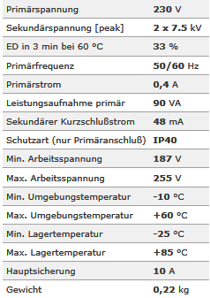 Danfoss Zündgerät EBI4M Technische Daten