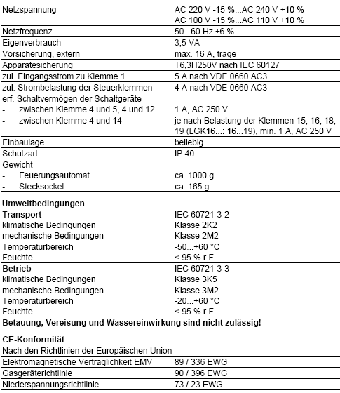 Technische Daten Feuerungsautomat