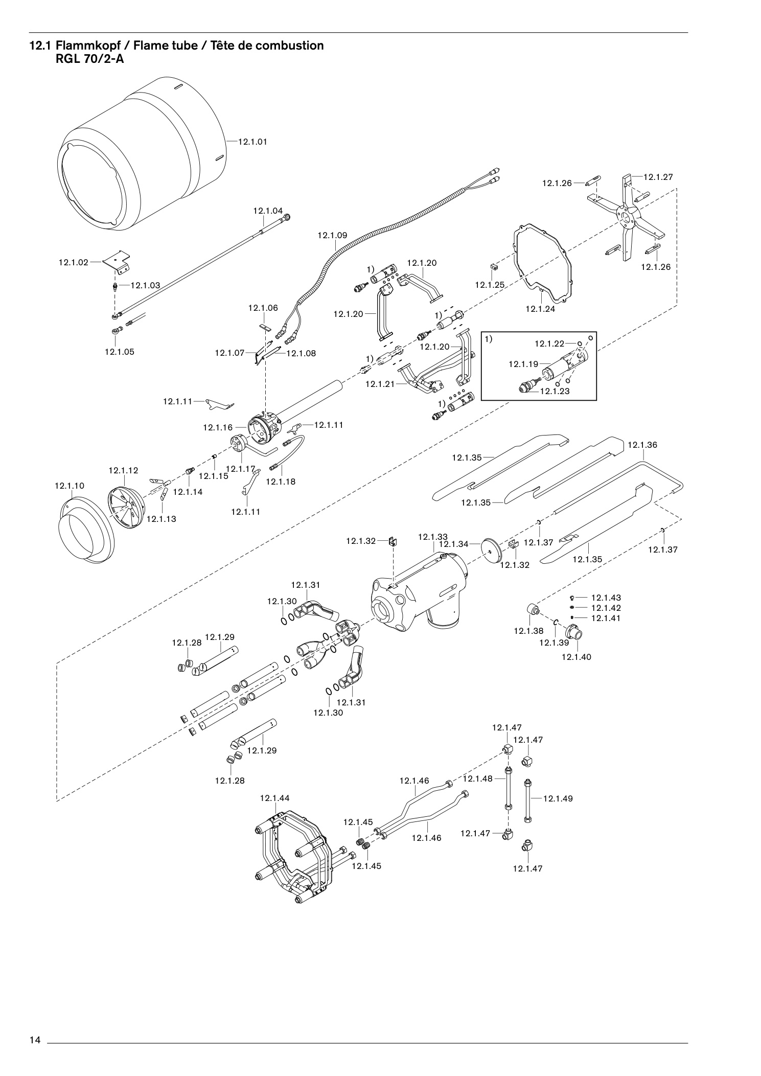 Explosionszeichnung Weishaupt Brenner RGL 60 + 70 Ausf. 3LN multiflam® – PDF-Seite 14