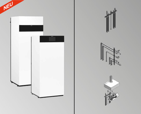 Bild von Vitodens 222-F 19 kW mit 100 Liter Ladespeicher. 3,5 Zoll s/w Display und Installationsset nach oben