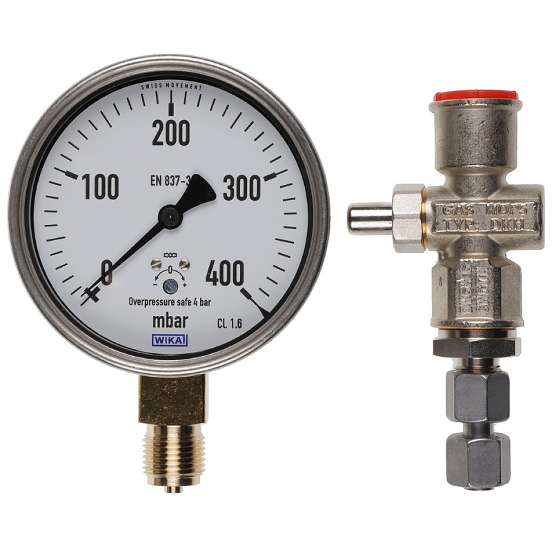 Bild von Manometer 0 bis 400 mbar am DMV angebaut mit GW..A6/1 zusätzlich