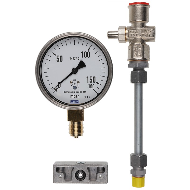 Bild von Manometer 0-160 mbar mit Druckknopfhahn Ausführung A G1/4 mit Adapter-Set GW A5