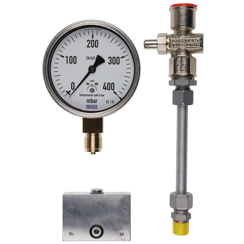 Bild von Manometer 0-400 mbar W-MF mit Druckknopfhahn A G 1/4 mit Adapter-Set