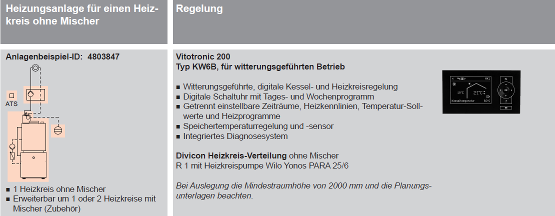 Heizungsanlage für einen Heizkreis ohne Mischer mit Vitoladens 300-C und untergestelltem Speicher