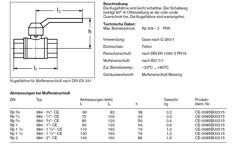 Abmessungen Kugelhahn Serie 984