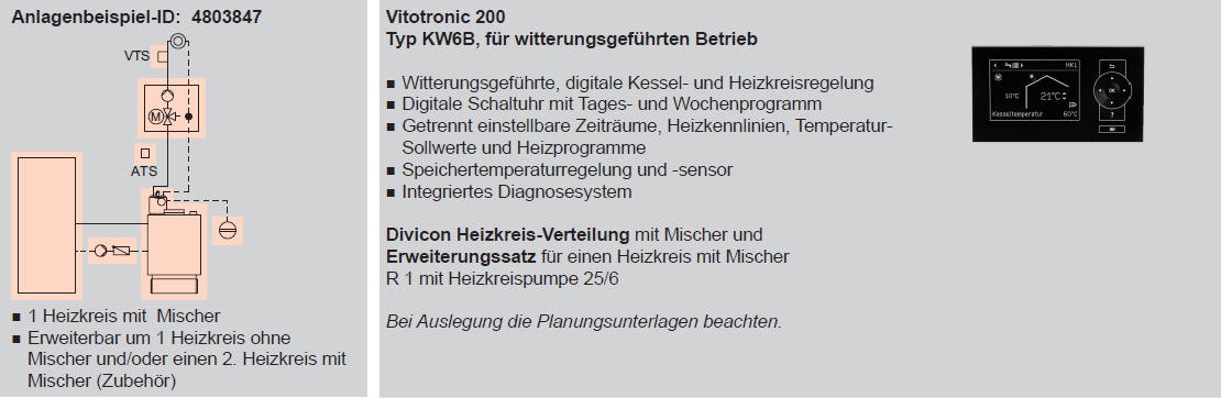 Heizungsanlage für einen Heizkreis mit Mischer mit Vitoladens 300-C und nebengestelltem Speicher