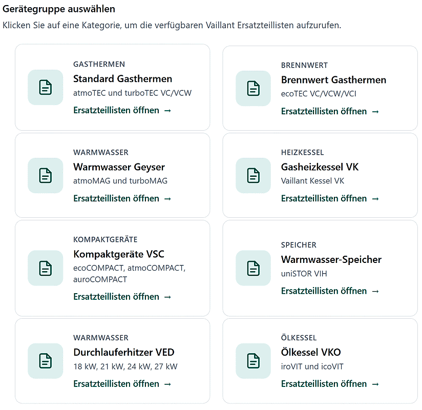 Vaillant Ersatzteillisten mit Zeichnungen und Artikelnummern