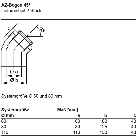 AZ-Bogen 45 Grad Abgassystem doppelwandig | Loebbeshop Heizungsmarkt